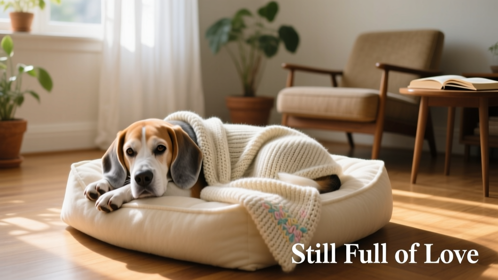 Lola curled up comfortably on a cozy dog bed in a sunlit living room, wrapped in a soft blanket