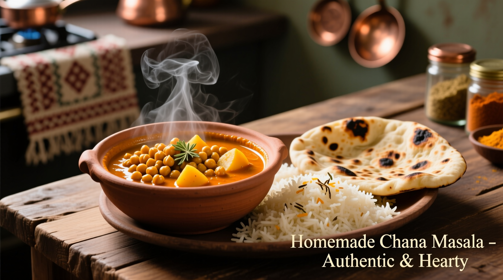 Chickpea and potato curry served with basmati rice and naan bread