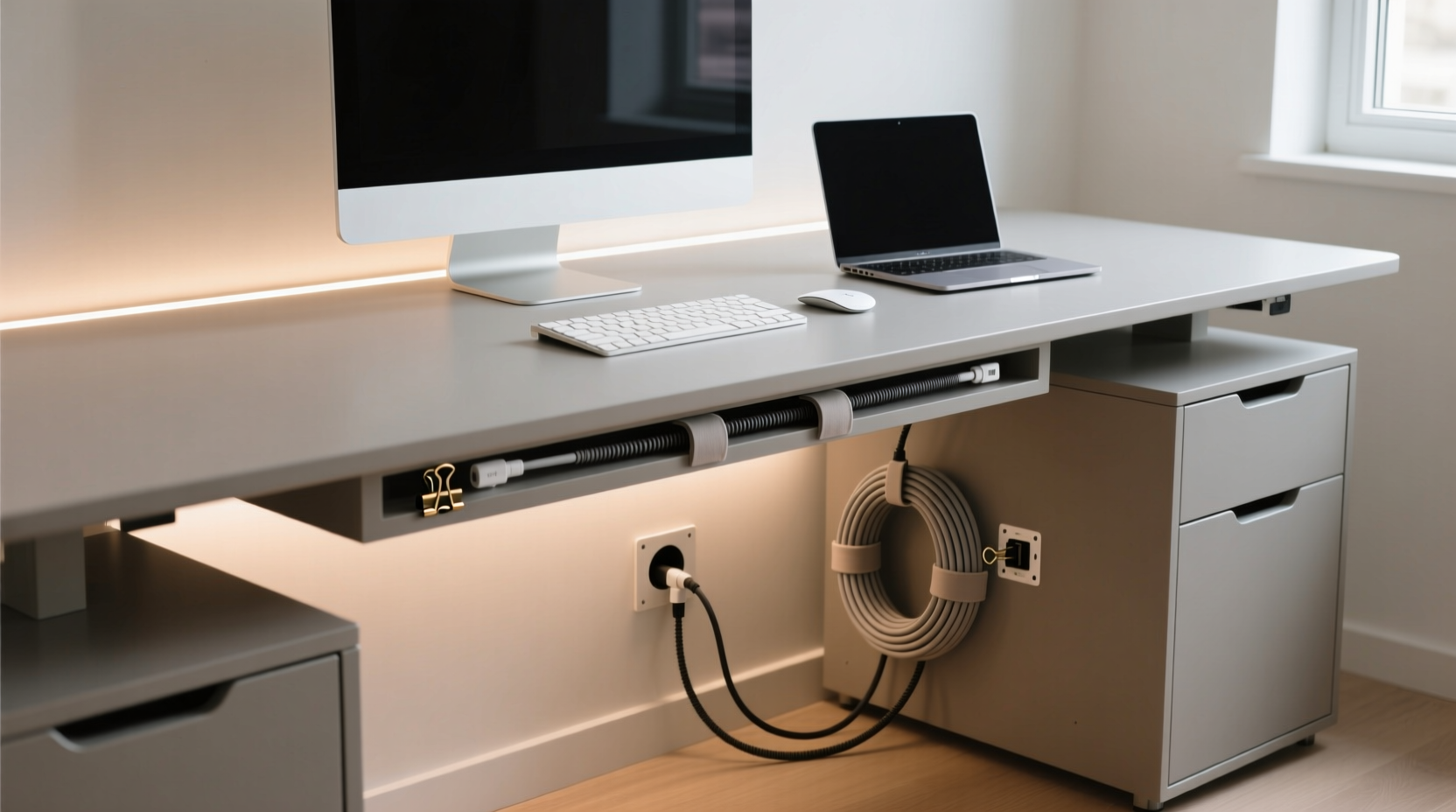 how to hide cords neatly behind your desk clean setup ideas