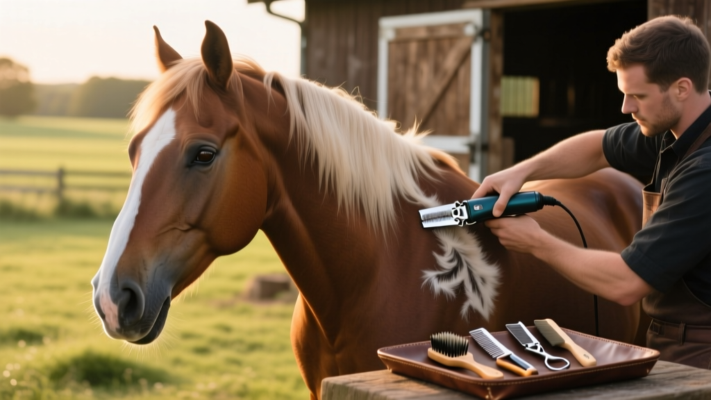 A calm horse standing quietly while being clipped near its shoulder, with clippers and grooming tools visible nearby
