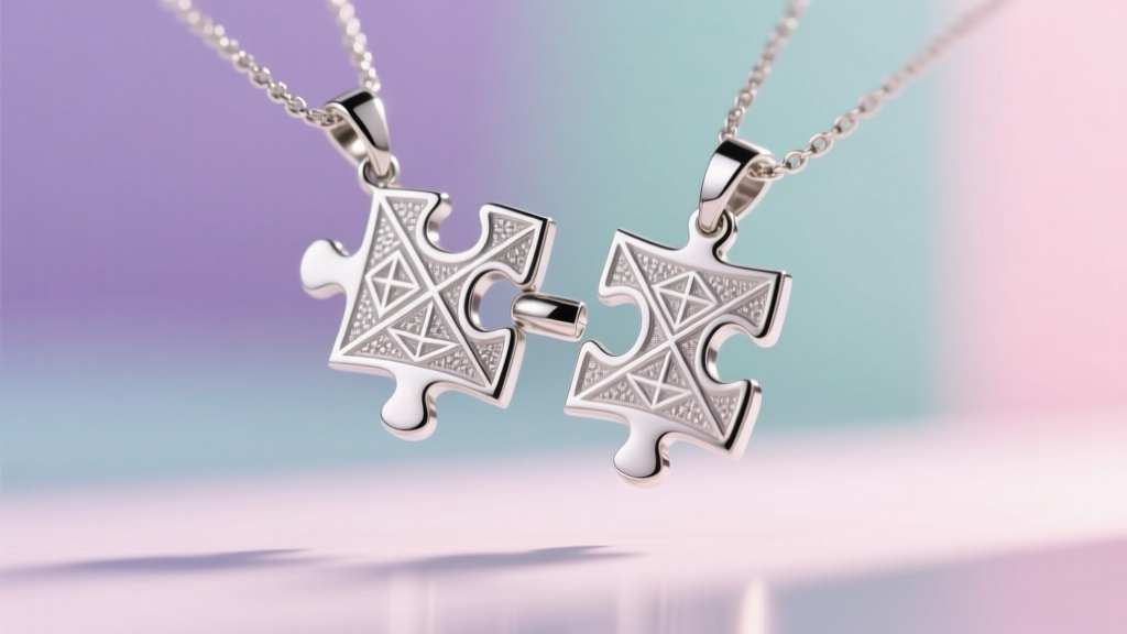 Two interlocking silver puzzle pendant halves with hidden magnets snapping together mid-air against a blurred pastel backdrop.