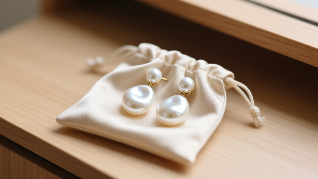 Oversized chunky white pearl drop earrings stored safely inside a breathable beige silk jewelry pouch on a wooden vanity