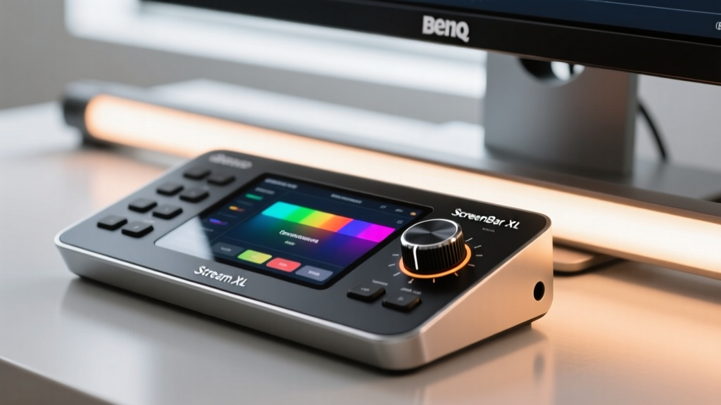 Close-up of the Elgato Stream Deck + LCD dials adjusting the color temperature of a BenQ ScreenBar Halo monitor light bar.