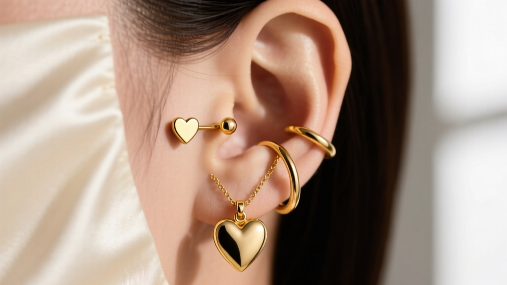 Ear layout showing a 5mm heart stud, 3mm gold huggie, and helix cuff, styled to visually balance a large heart pendant necklace.