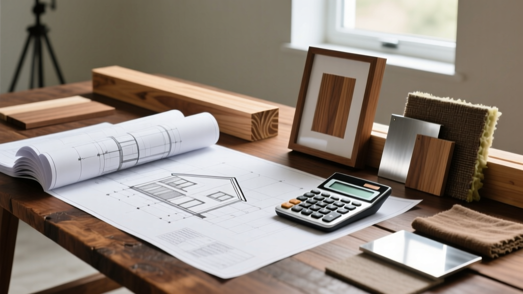 Architectural blueprints spread on a wooden table next to a calculator, framing lumber, and material samples for a custom home build