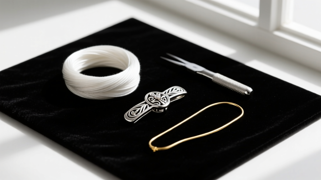 Flat lay of jewelry tools featuring white silk thread, a sterling silver clasp, and gold French wire on a black velvet mat.