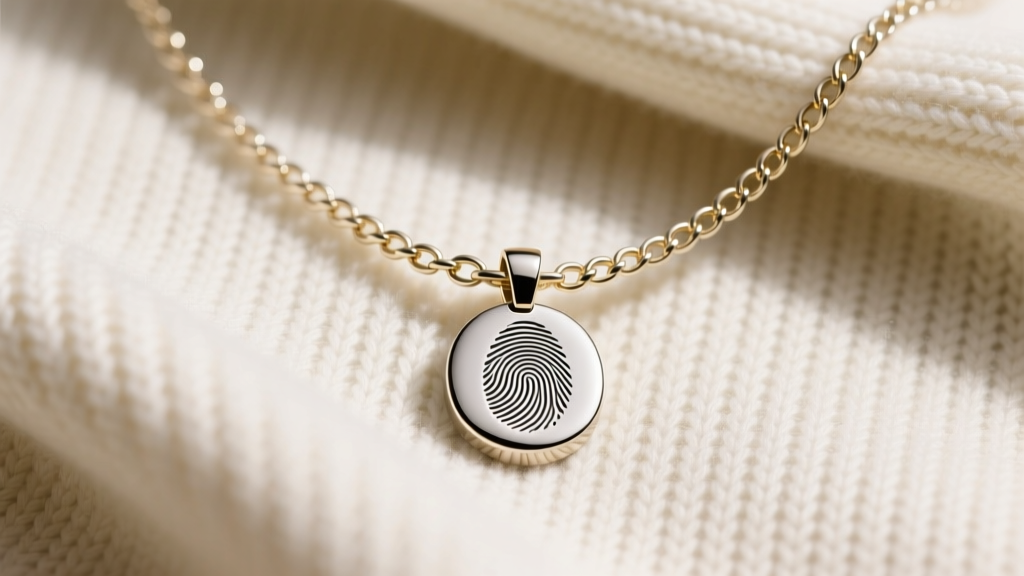 A 1.2mm white gold rolo chain with a lobster clasp holding a titanium fingerprint pendant against a soft cream knit sweater.