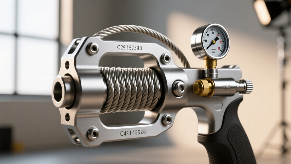 Close-up of a machined aluminum wrist-mounted grappling launcher with a spool of braided Dyneema cable and CO2 regulator attached.