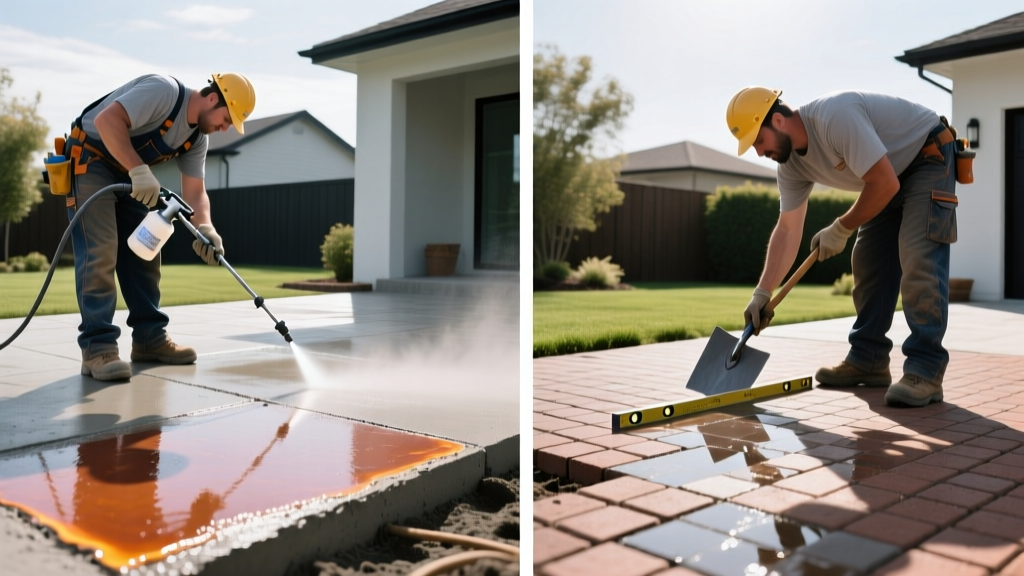 Split-screen comparison showing a contractor applying xylene solvent to a hazy stamped concrete patio on the left, and re-leveling sunken interlocking brick pavers on the right.