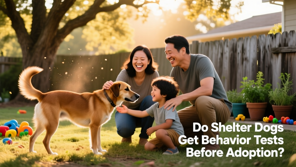 A foster family playing gently with a shelter dog in a backyard setting, showing relaxed body language and joyful engagement