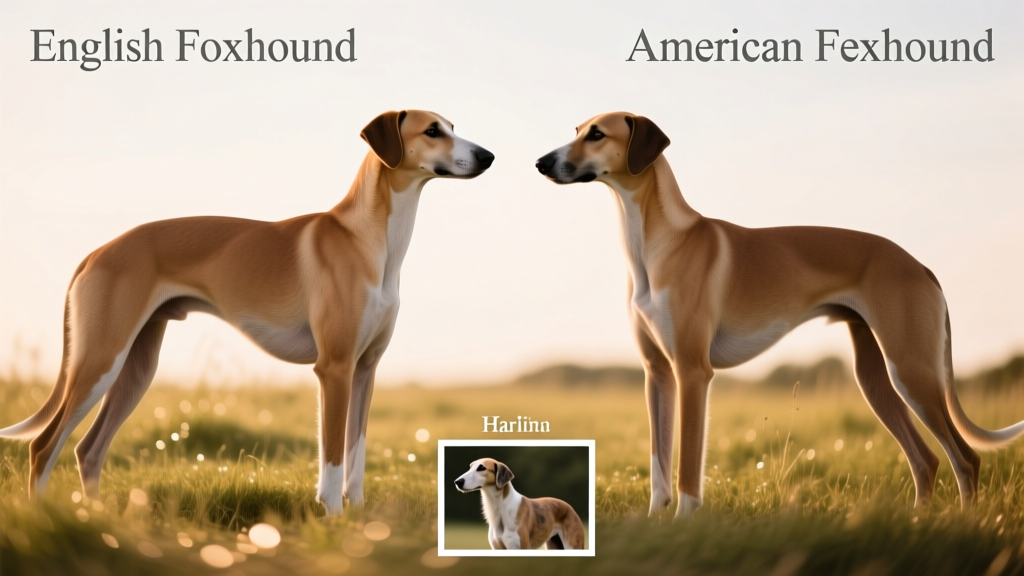 Side-by-side profile comparison showing correct shoulder slope, hock angle, and center-of-gravity placement in an English Foxhound and American Foxhound