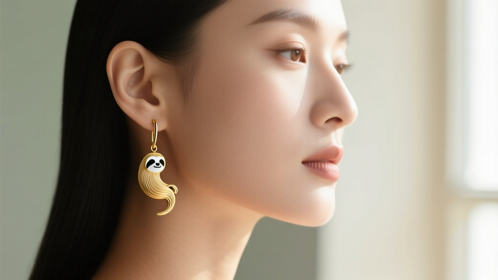Side profile of a woman wearing 20-gauge gold sloth dangle earrings below the earlobe, set against a soft, blurred background.