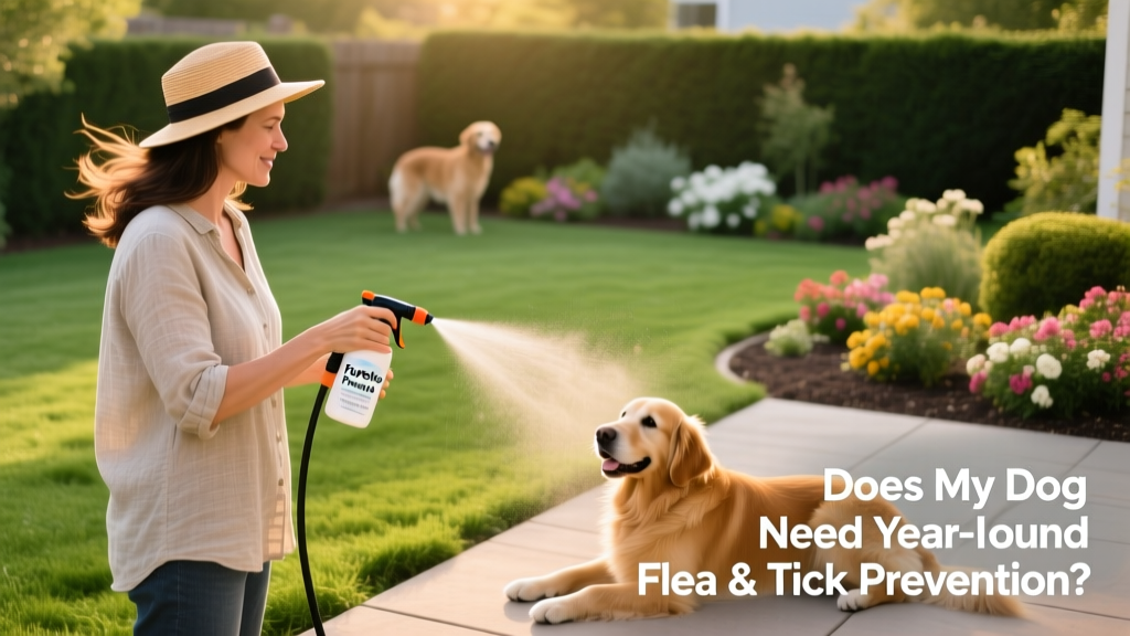 A person applying FurPetVo Yard & Premise Spray to a backyard lawn and garden border