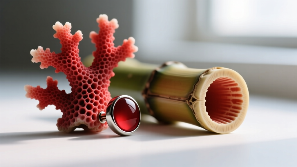 Macro view of a natural red coral stud beside a dyed bamboo coral imitation, showing dye pooling in the organic surface pores
