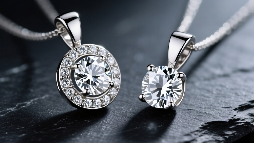Macro photo of a bezel-set diamond C pendant next to a shared-prong diamond C pendant on a dark slate background for high contrast.
