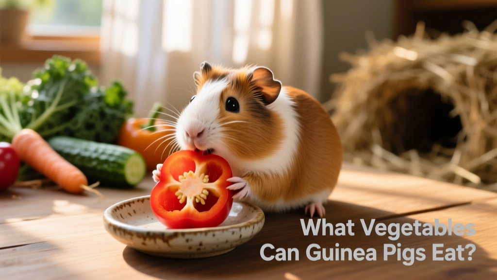 A guinea pig happily eating a slice of red bell pepper from a small ceramic dish