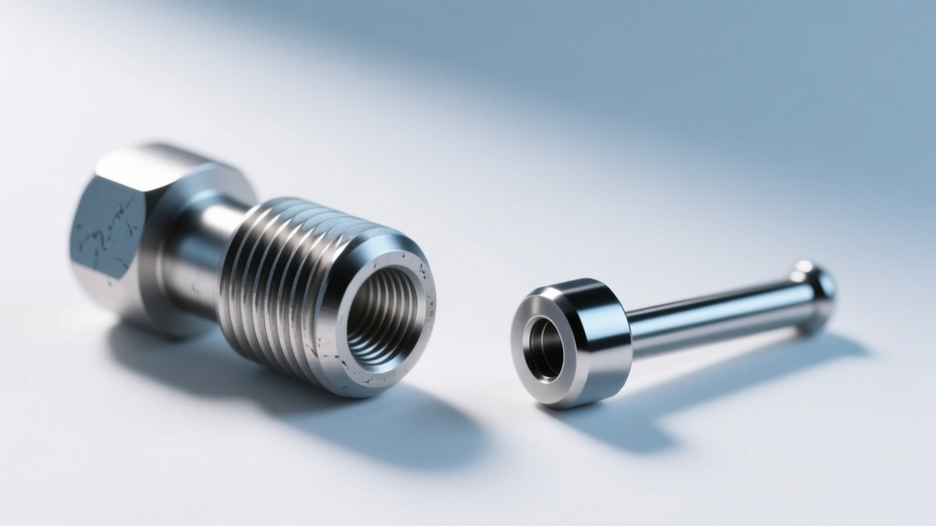 Macro photo comparing an externally threaded steel labret post next to a smooth, polished implant-grade titanium threadless pin.