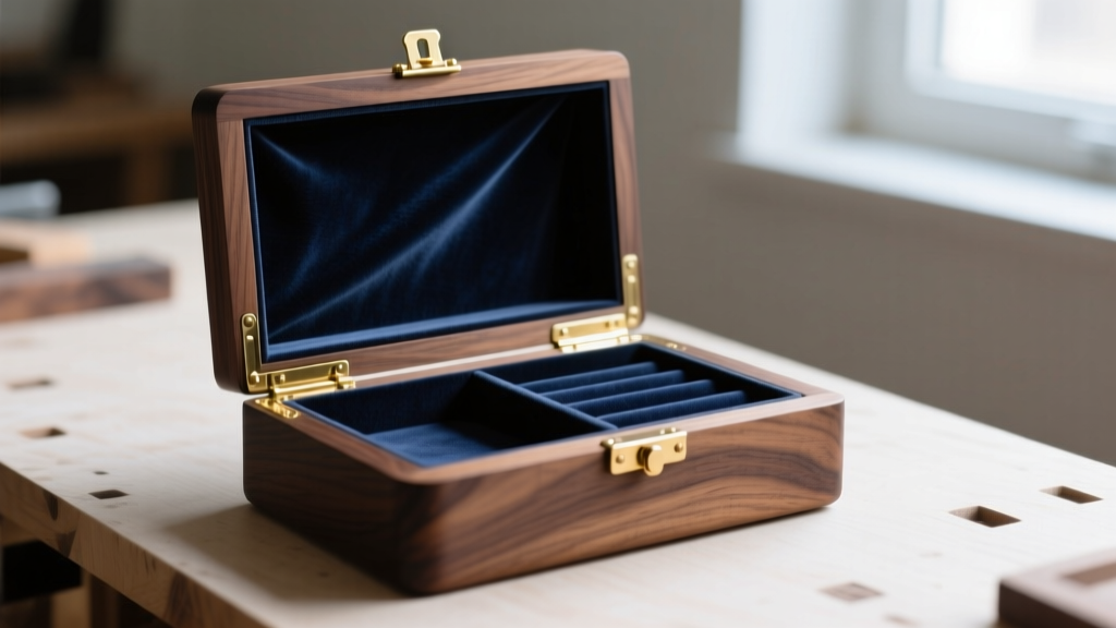 Open black walnut DIY wooden jewelry box on a workbench, revealing navy anti-tarnish velvet lining and solid brass stop hinges