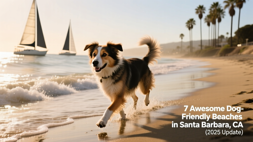 A mixed-breed dog trotting along the waterline at Leadbetter Beach, with sailboats visible offshore and palm trees lining the shore