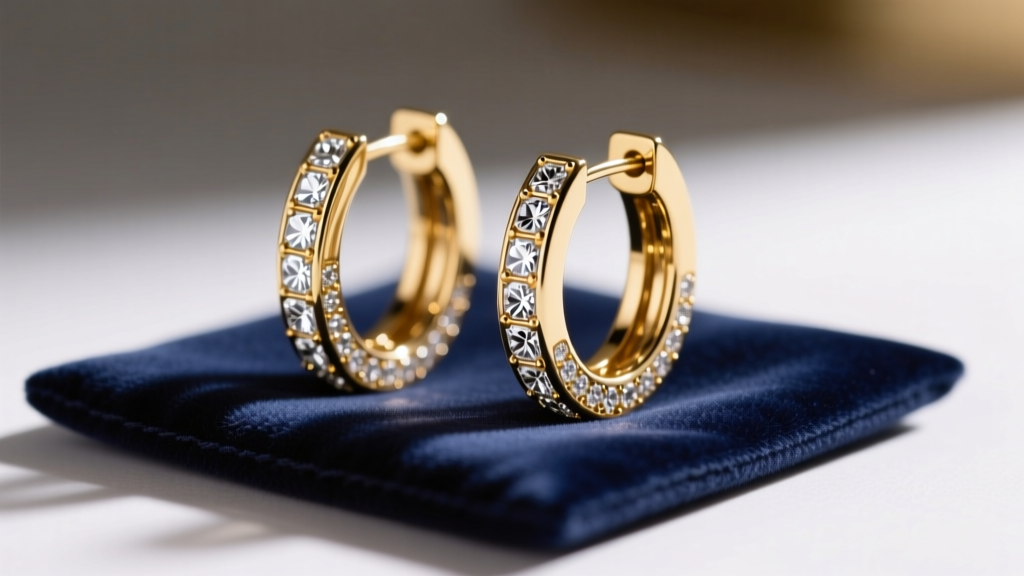 Close-up of Michael Kors gold-tone hoop earrings with pavé cubic zirconia resting on a dark velvet jewelry cleaning pad in soft light.