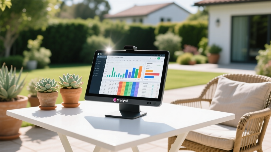 LG StanbyME Go portable touchscreen monitor displaying a complex spreadsheet in a bright sunlit backyard patio setting with glare hood