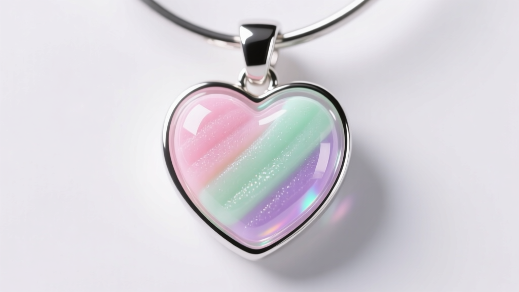 Macro shot of a pastel candy heart in clear UV epoxy resin mounted on a polished silver bail under soft diffused studio lighting.