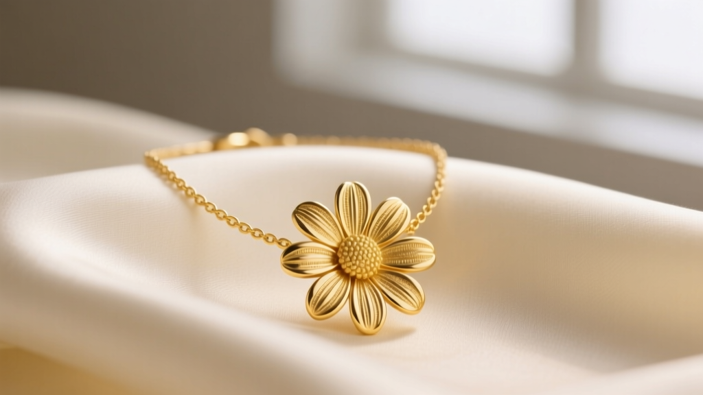 Delicate 14k solid yellow gold daisy flower necklace on cream silk, showcasing intricate petal details under soft natural lighting.