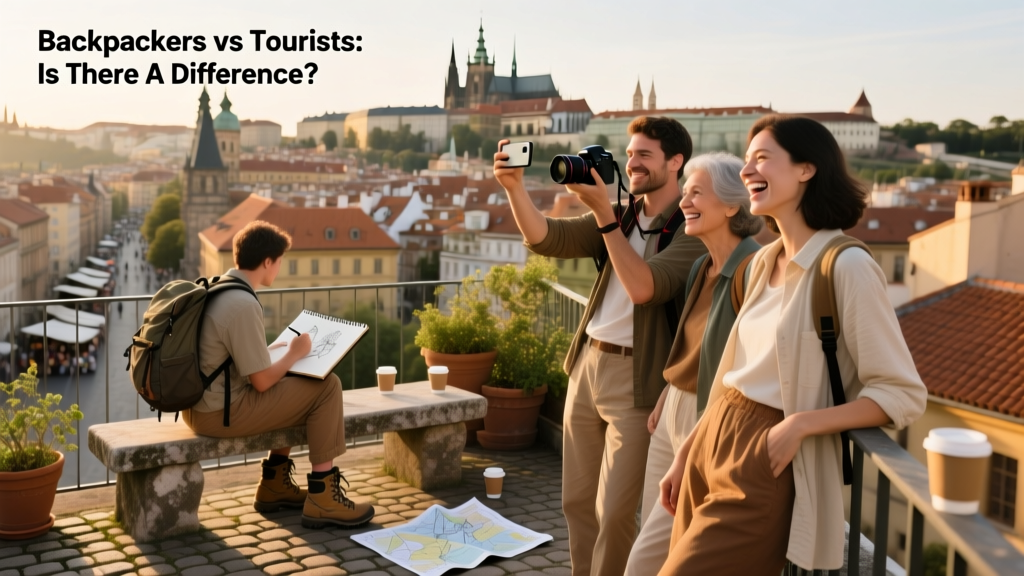 Tourists taking pictures overlooking a city in Europe