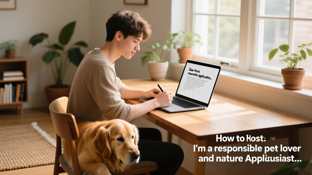 Person writing a house sitting application on a laptop, with a calm dog resting beside them