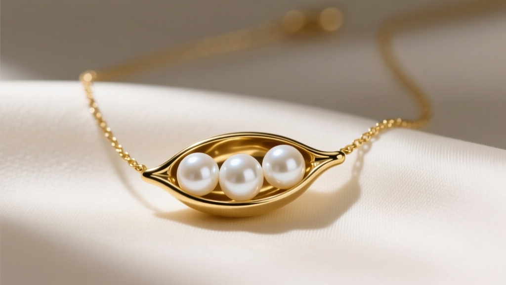Gold vermeil peas in a pod necklace on silk, showing three round white freshwater pearls nestled inside a highly polished metal pod