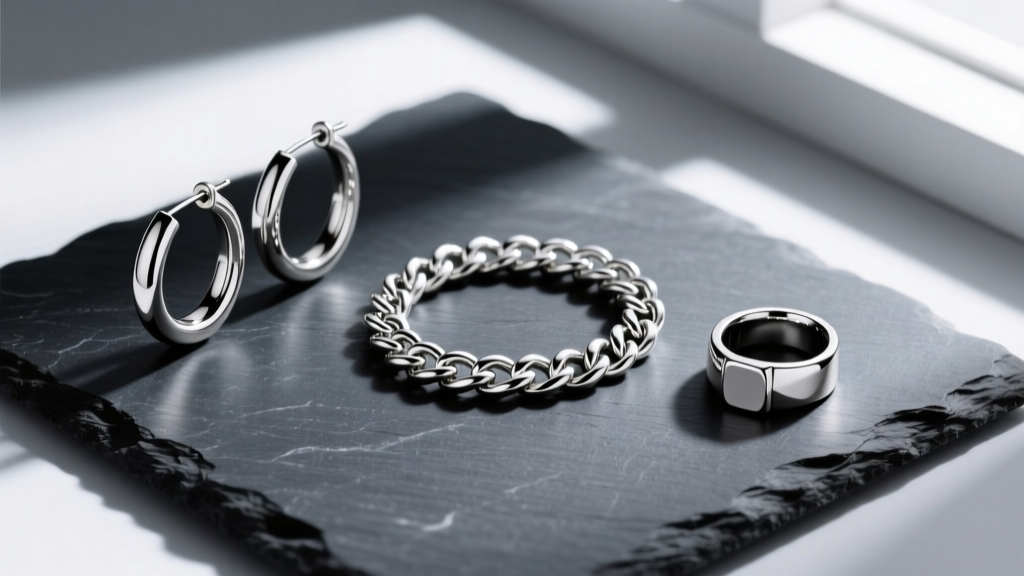 Flat lay of polished 316 stainless steel jewelry including a seamless hoop, curb chain, and signet ring on dark slate surface