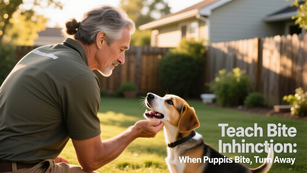 A trainer calmly withdrawing attention by turning away as a puppy nips at their hand