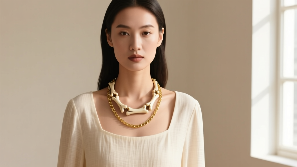Model wearing a 20-inch bone link necklace over a cream linen scoop-neck blouse, layered with a delicate 18-inch gold chain.