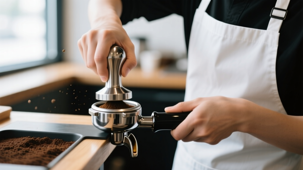 Barista pressing a stainless steel spring-loaded tamper into an espresso portafilter, highlighting the precision base.