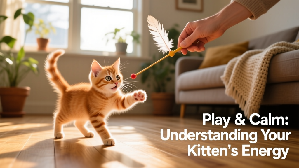 A person gently guiding a kitten through interactive wand play using a feather toy