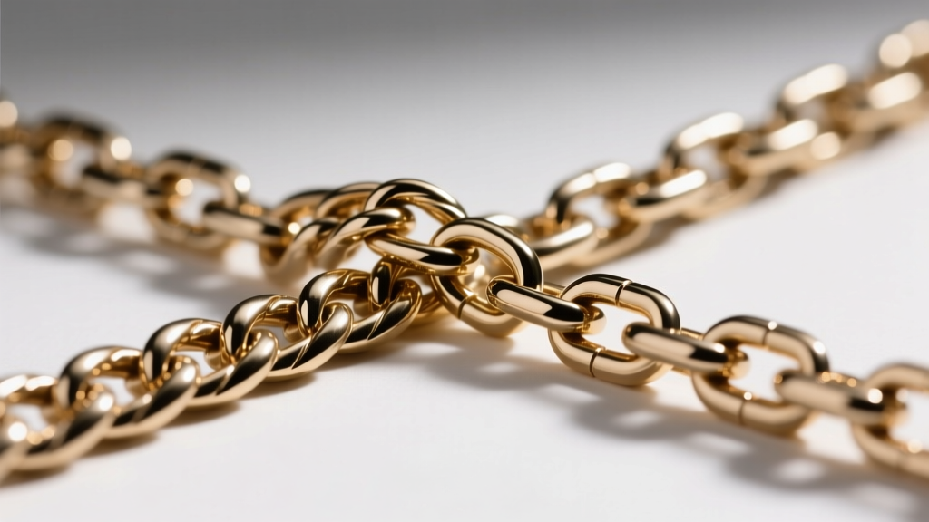 Macro view of a kinked herringbone chain beside a sturdy box chain, showing structural links under bright jewelry loupe lighting