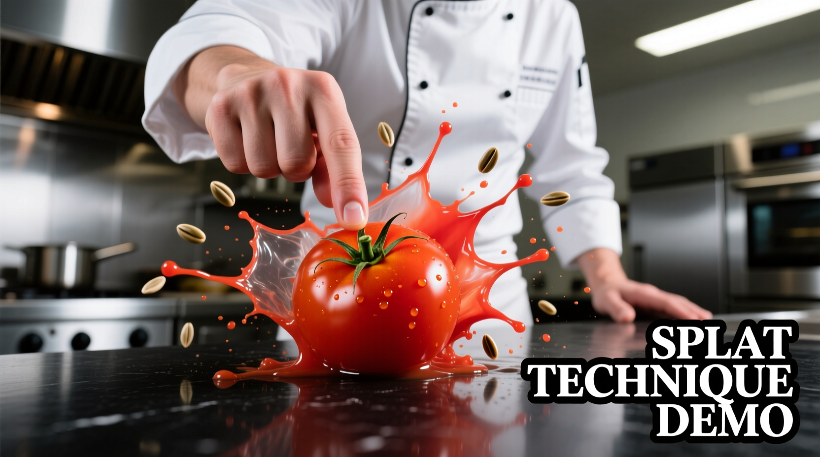 Chef demonstrating proper tomato splat technique with ripe Roma tomatoes