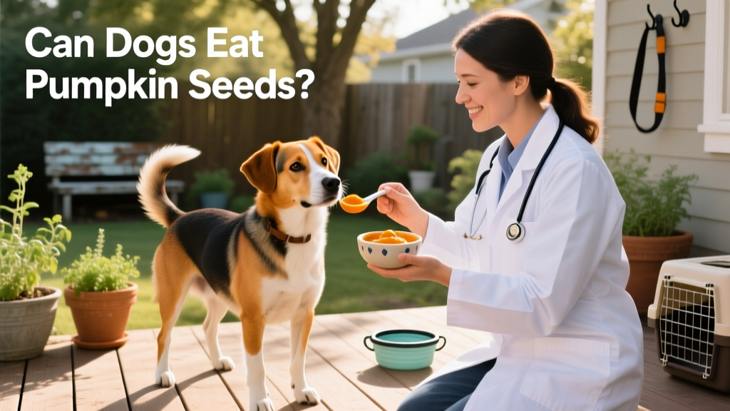 A veterinarian holding a small scoop of plain pumpkin puree beside a happy, healthy-looking dog