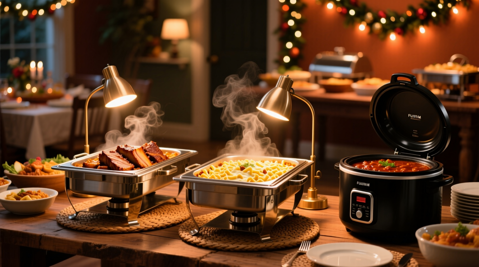 Party food warming setup with chafing dishes and slow cookers