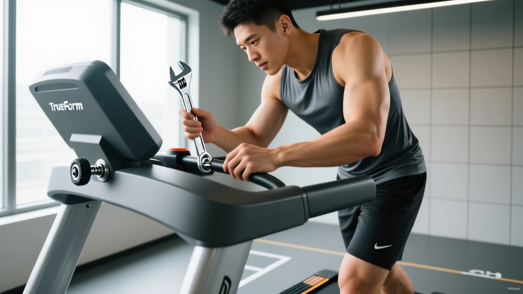 Athlete adjusting the rear roller tension bolts on a TrueForm Runner non-motorized treadmill with a silver wrench