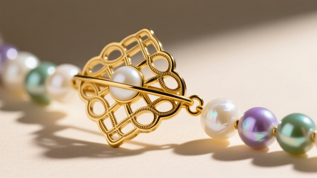 Antique Art Deco filigree box clasp in 14k yellow gold attached to carved vintage mother of pearl beads in sharp macro focus