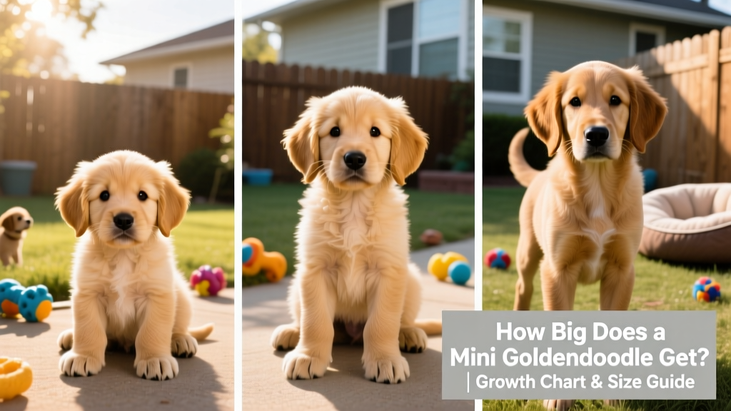 Side-by-side comparison showing a Mini Goldendoodle at 3 months, 6 months, and 1 year old