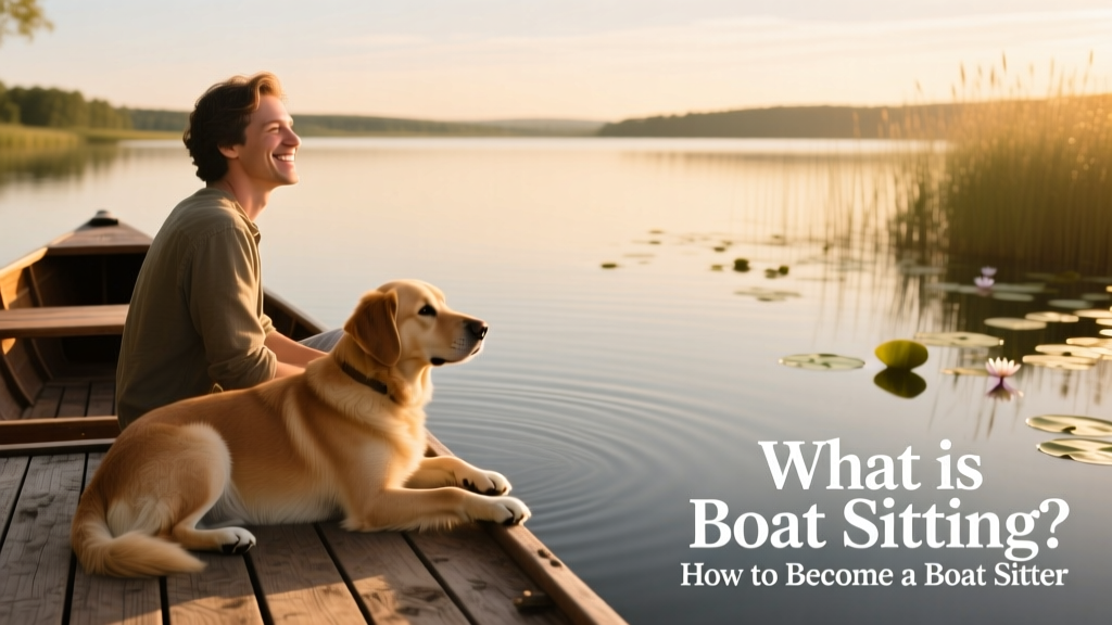 A person boat sitting with a dog on deck, smiling beside calm water