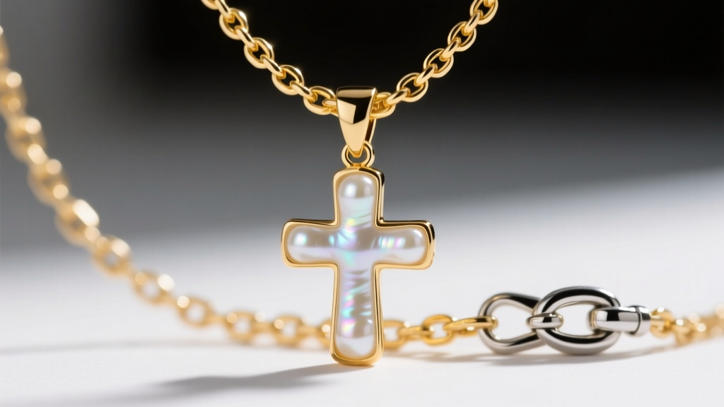Macro view of a 1.5mm 14k gold box chain passing through the polished bail of a pearl cross necklace secured by a lobster clasp.