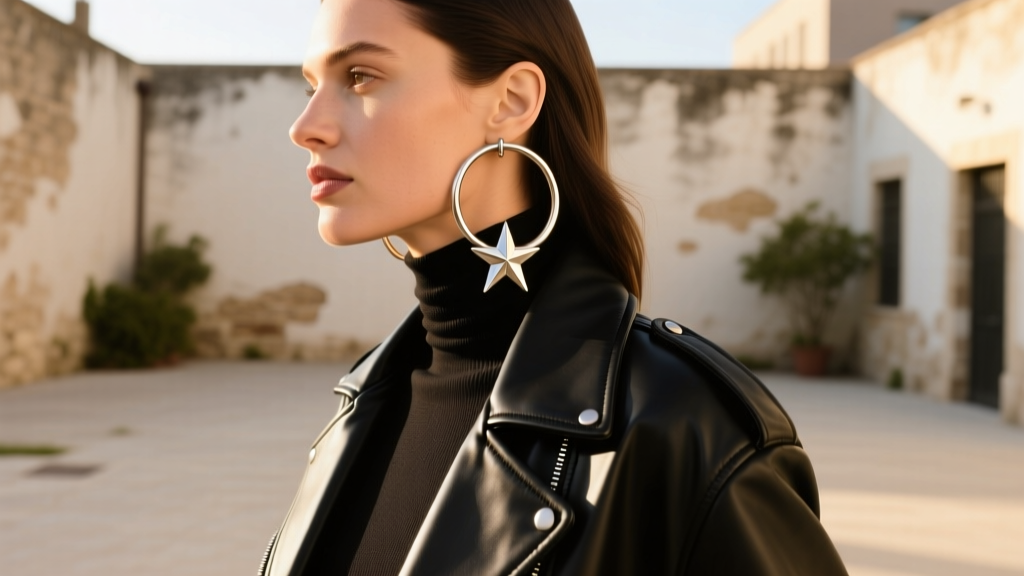Side profile of a woman wearing 15mm steel hoops with a three-pointed star charm, paired with a black leather jacket outdoors.