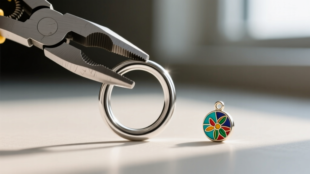 Macro shot of an 18-gauge sterling silver open jump ring being twisted shut with flat-nose pliers next to a small enamel charm