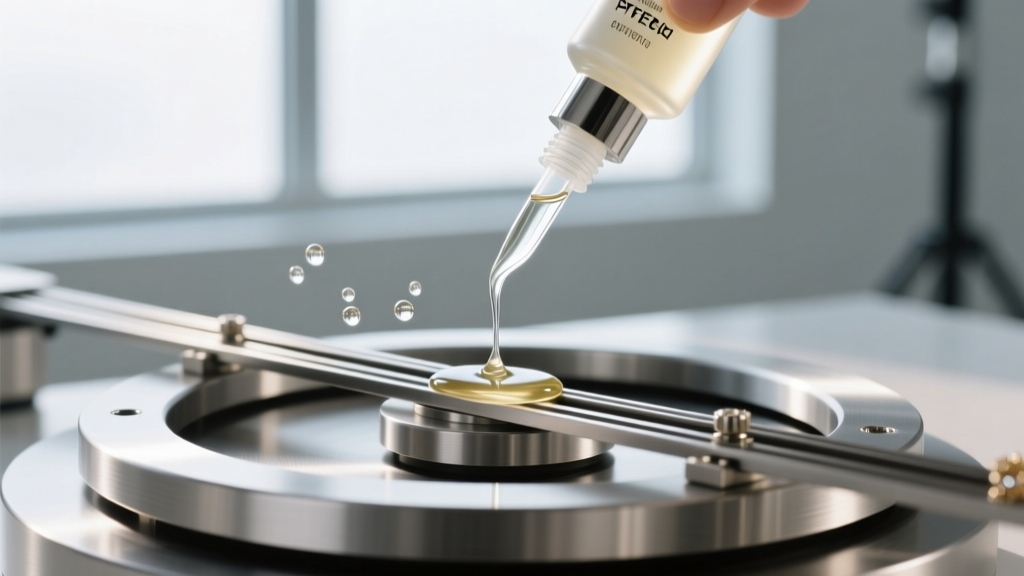 Precision applicator bottle dispensing PTFE lubricant onto the track of a metal rotating jewelry organizer base in a well-lit room