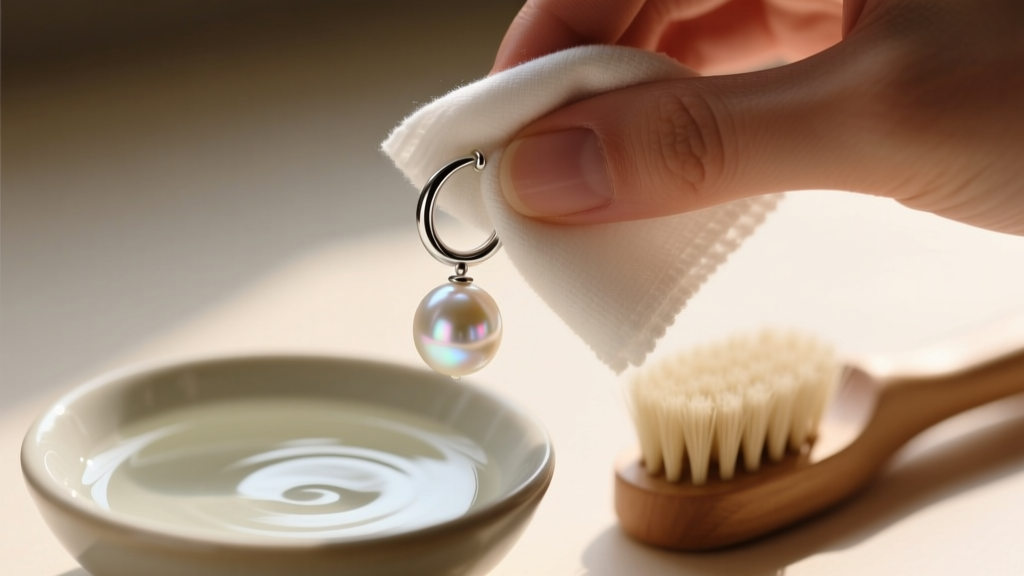 Hands gently wiping a silver pearl hoop earring with a microfiber cloth next to a small bowl of mild soapy water and soft brush.