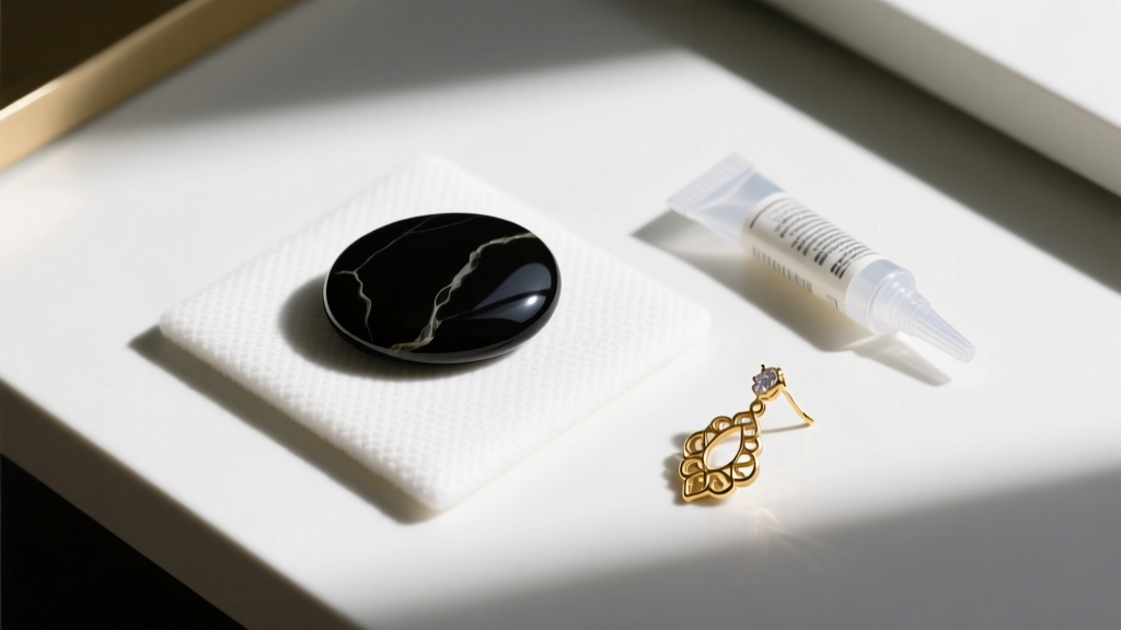 Top view of a desk with a loose black onyx cabochon, a gold earring setting, and a small tube of clear jewelry adhesive on a pad.