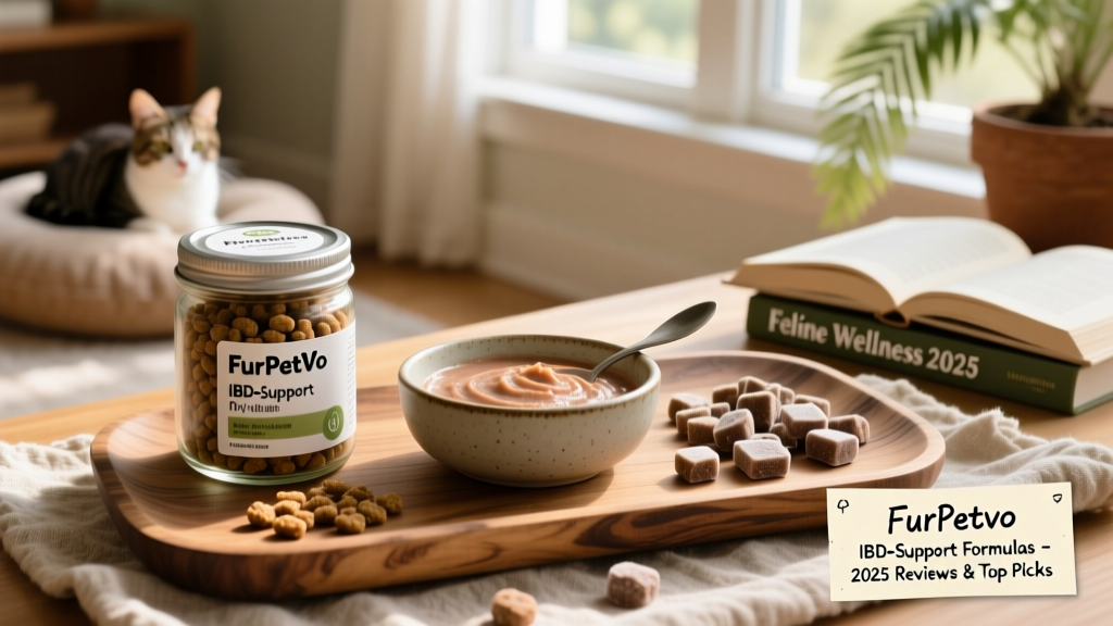 Side-by-side comparison of three FurPetVo IBD-support formulas: dry kibble, wet pate, and freeze-dried bites